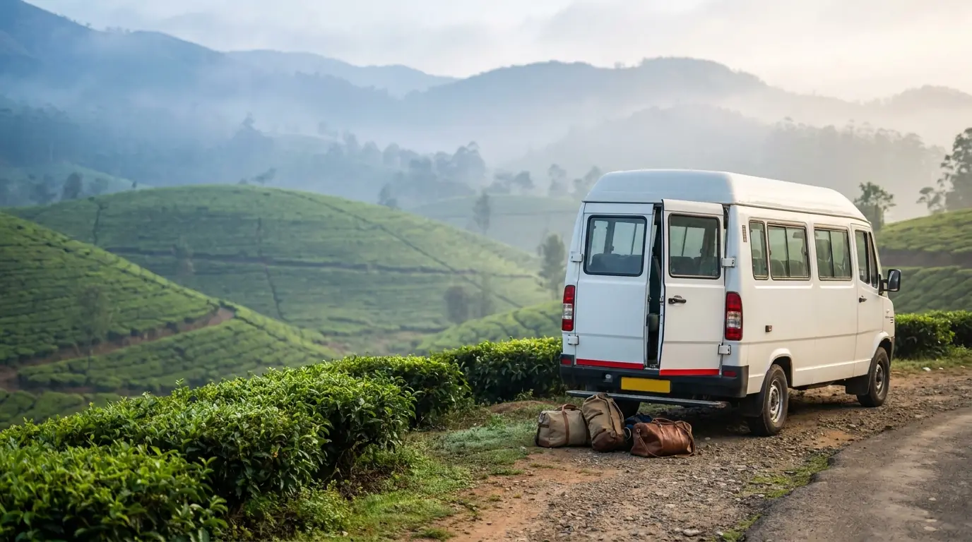 A travel group taking in the Munnar tea hills beside their parked white Tempo Traveller