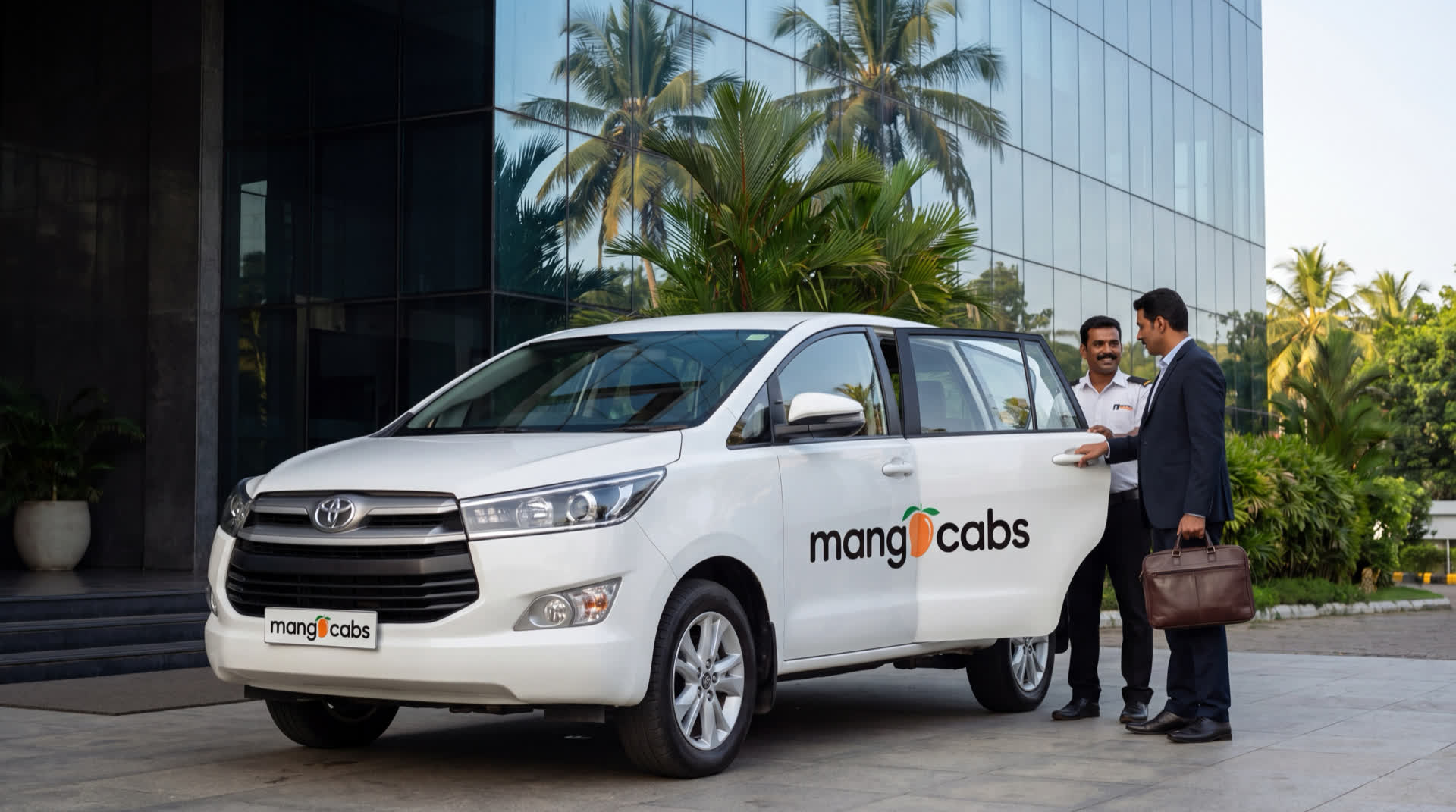 A Mango Cabs chauffeur holding the rear door of a white Innova Crysta for a business traveller outside a glass-fronted corporate office